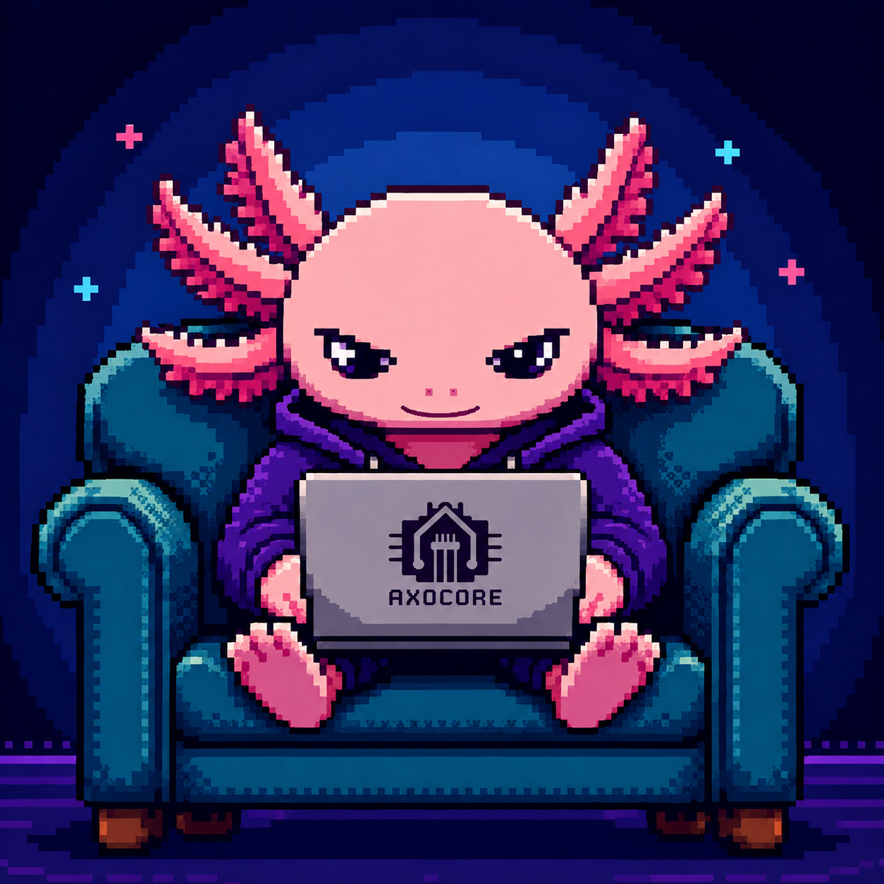 Ilustración de Axocore: un ajolote programando en una laptop con el logotipo de Axocore.