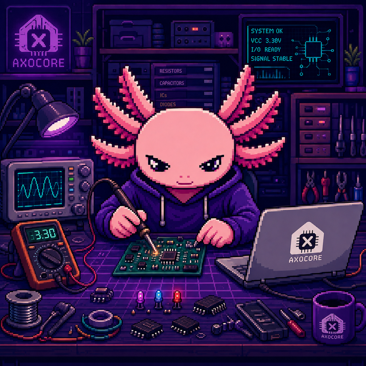 Ilustración del taller de Axocore: un ajolote soldando una placa electrónica junto a un osciloscopio, un multímetro y herramientas.