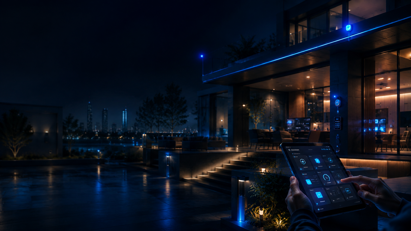 Casa moderna de noche con iluminación arquitectónica controlada desde el teléfono, automatizada por AxoIoT.